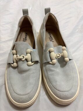 Vaneli Light Gray Suede Loafers with Cream Hardware